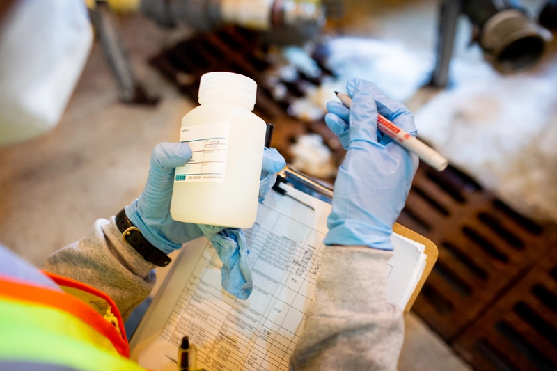 A person holds a sampling bottle for PFAS testing